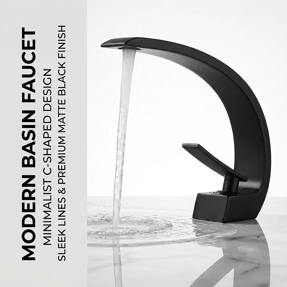 Silicone Tap Washer - Mattschwarzer Badezimmer-Wasserhahn, Aluminiumlegierung Moderner C-förmiger Wasserfall-Auslauf